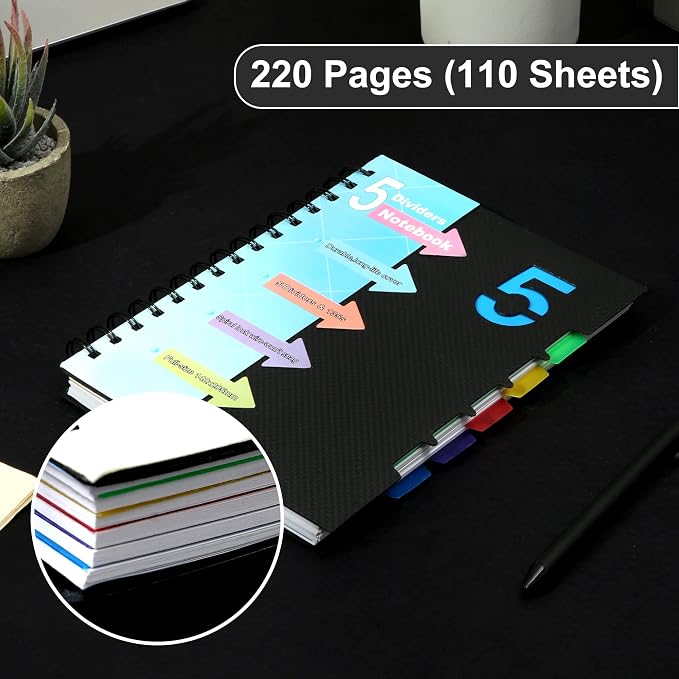 CAGIE 2 Pack 5 Subject Notebook, Small Spiral Notebook with Tabs | 6.1'' x 8.2'', A5 Spiral Notebooks College Ruled, 240 Pages Note book for School Note Taking, Black