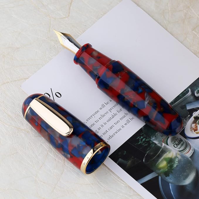 Majohn Q1 Fountain Pen Extra Fine Nib Blue Red Acrylic, Little Fat Man Eyedropper Filling Pocket Pen Large Capacity