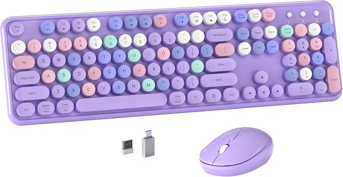 MPTOG Colorful Wireless Computer Keyboard and Mouse Combo (Purple-Colorful) | Retro Round Typewriter Keycaps, Power Switch, Ergonomic Design, 2.4GHz Wireless for Windows, Mac, PC