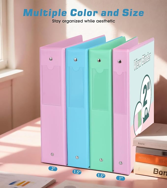 3 Ring Binder 2 inch，Cute Binder Organizer with 5 Tab Dividers Fits 175 Sheets of 8.5x11 Paper, Customizable Clear Cover with Inside Pockets, Aesthetic 2" Three Ring Binders for School Office，Blue