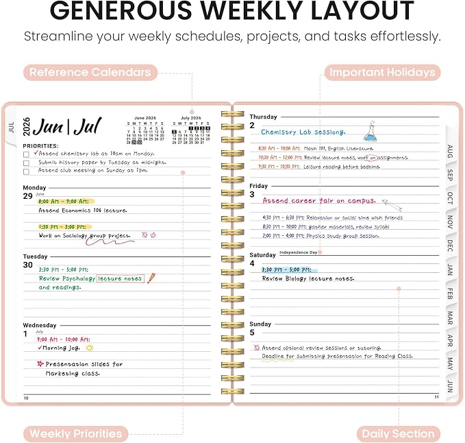 Planner 2026-2027, 8.5" x 11" Weekly and Monthly Academic Year Planner Calendar, July 2026 - June 2027, Hardcover Large School Planning Agenda With Tabs, Perfect for School & Office Supplies, A4, Pink