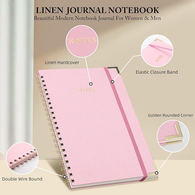 B5 Spiral Notebook Journal, (6.9×9.8'') 100 Pages 50 Sheets Linen Hardcover College Ruled Journaling For Work & Note Taking Thick Spiral Journal For Writing Daily Journal For Women & Men -Pink