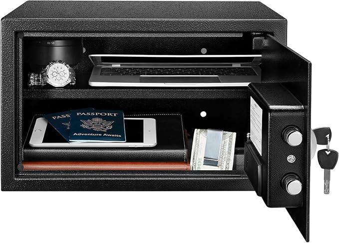 Amazon Basics Steel Security Safe and Lock Box with Digital Keypad, Easy to Use, Removable Shelf, Secure Cash, Jewelry, Documents, Black, 1.2 Cubic Feet, 16.9-x-14.6-x-10.6-inches (WxDxH)