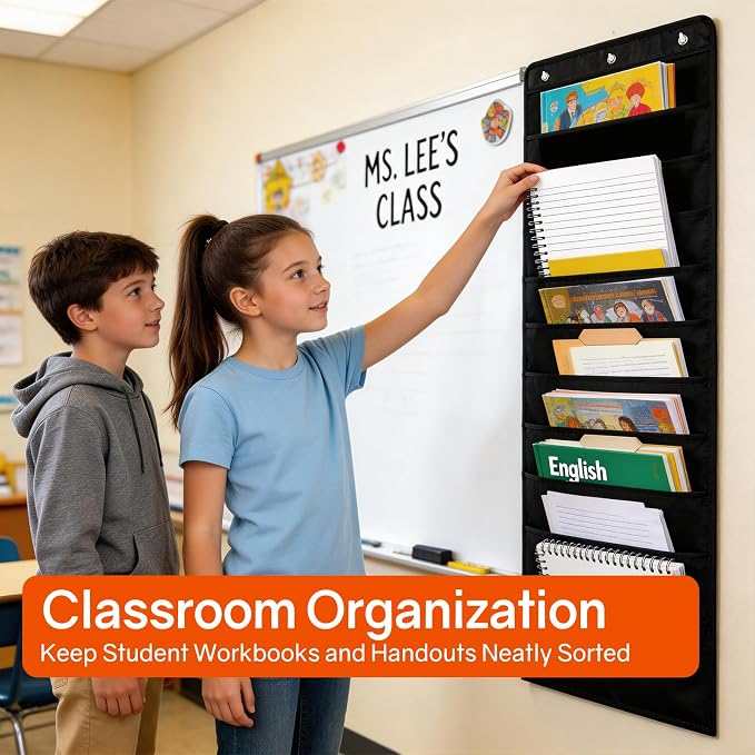 SUNEE 10 Pockets Hanging Wall File Organizer, Black Storage Pocket Chart for File Folder and Paper, Space Saver for Office and Classroom, with Wall Hangers, Over The Door Hooks, Labels