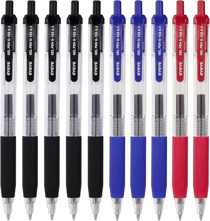 EYEYE G-103 0.5mm Gel Pens, 5 Black 3 Blue 2 Red, Extra Fine Point Pen | Retractable, Quick Drying, Ballpoint Pen Fine Point Smooth Writing Pens for Office School Supplies