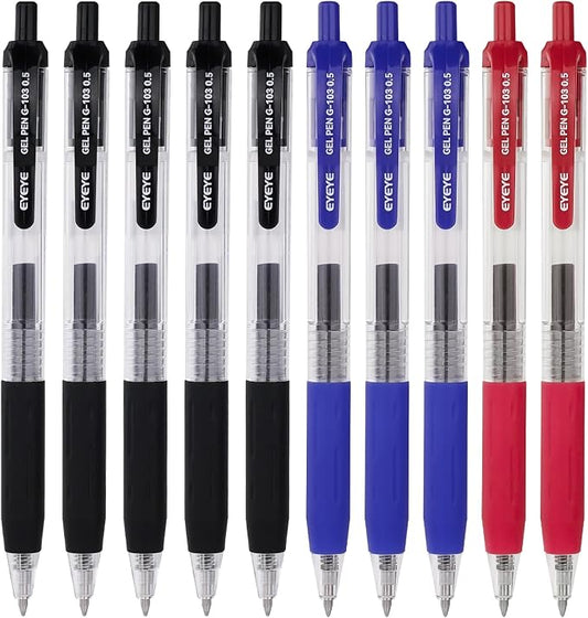 EYEYE G-103 0.5mm Gel Pens, 5 Black 3 Blue 2 Red, Extra Fine Point Pen | Retractable, Quick Drying, Ballpoint Pen Fine Point Smooth Writing Pens for Office School Supplies
