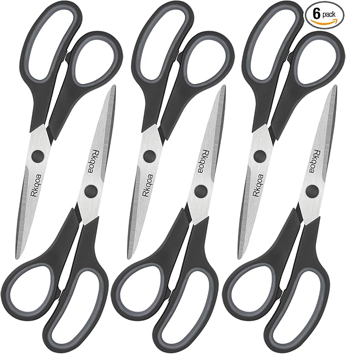 Black 6 Scissors Pack, Rkqoa 8" All Purpose Sharp Scissor for Everyday Use | Comfort-Grip Scissor for Office School Classroom Fabric Craft Sewing Supplies, High/Middle Student Teacher, Right/Left Handle