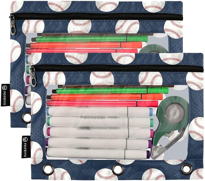 Baseball Pencil Pouches for 3 Ring Binder, Zipper Binder Pencil Case, 2 Pack Clear Window Case Bag for Office Organizers