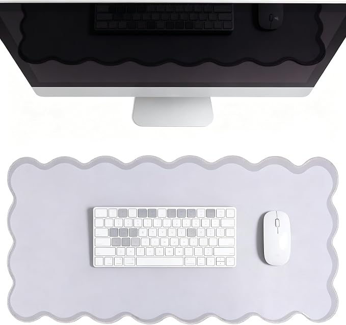yuboo Grey Scalloped Desk Mat, 31" x 15.7" Large Waterproof Pastel Desk Mat Cottagecore Aesthetic Desk Pad Desktop Keyboard Mouse Mat for Dorm Office Gaming Decor