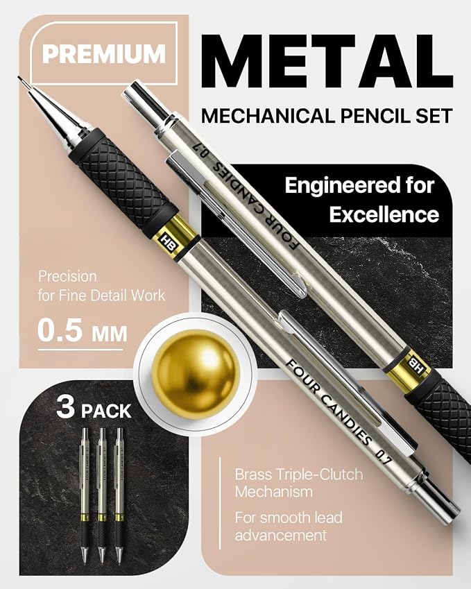 Metal Mechanical Pencil Set, 0.5mm Fine Point, 3-Pack with Storage Case | 360 Leads, 3 Erasers+9 Refills, Non-Slip Grips, For School Writing, Sketching, Art Drawing & Professional Drafting