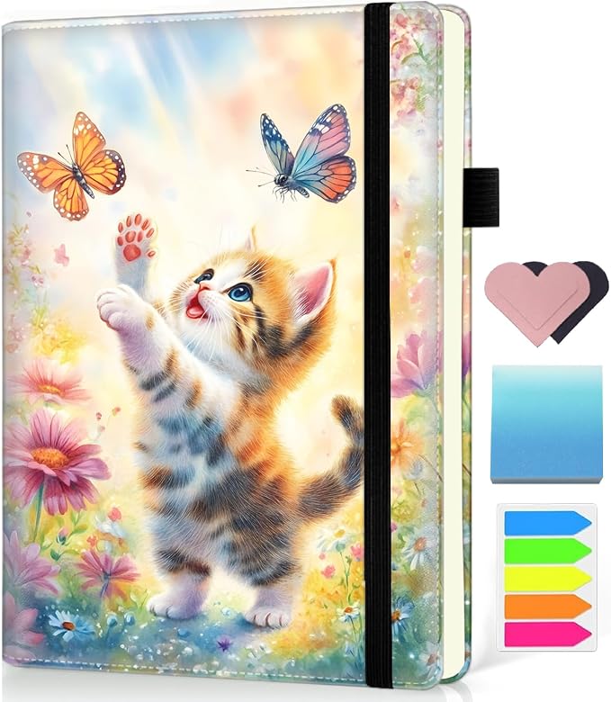 Hardcover Executive Notebooks, A5 PU Leather Lined Journal Notebook, 200 Pages Thick Paper Subject Notebooks for School,Work,Home Writing Business Notebook, Diary Book ，Cute Kitten and Butterfly
