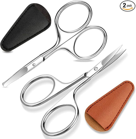 2 Pack Eyebrow Nose Hair Scissors, Stainless Steel Rounded Tips | Small grooming scissors for mustache, beard and facial hair. Compact 2.7 inch for travel. Rounded tips for men and women.