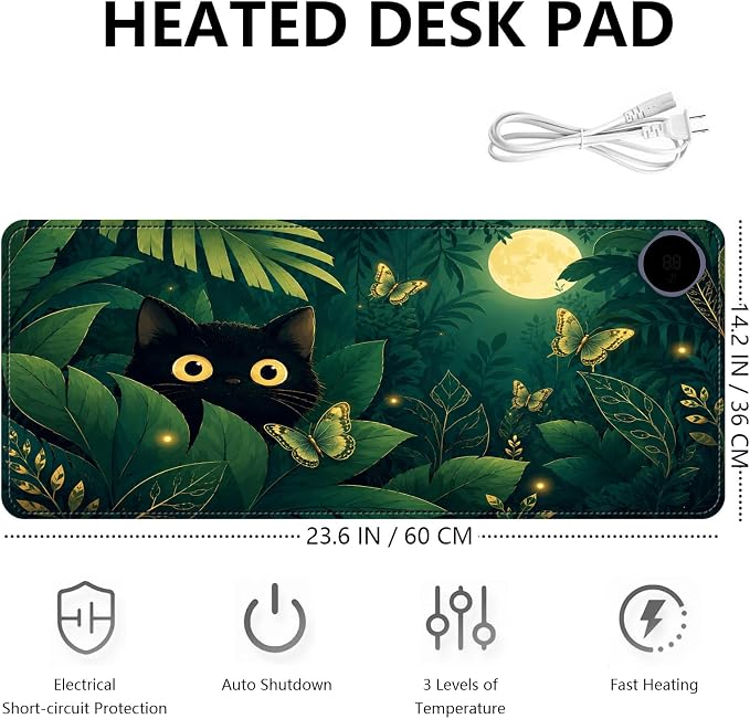 Large Heated Mouse Pad–23.6" x 14.2" Desk Mat for Office | 3 Adjustable Heat Levels,Auto Shut-Off After 3 Hours for Safety,Keeps Hands Warm While Working，Jungle Black Cat