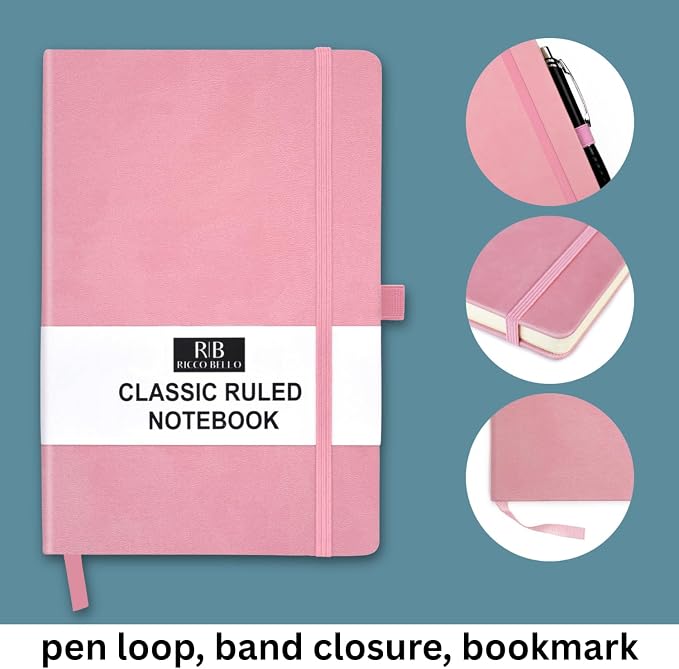 RICCO BELLO Lined Journal Notebook, Light Pink | Faux Leather Hardcover, Pen Holder, 96 Sheets/192 Pages, College Ruled, 5.7 x 8.4 Inches