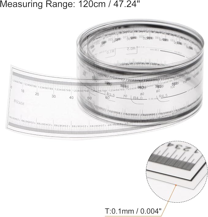HARFINGTON Film Flexible Ruler 120cm 0.1mm Scale with R Angle & Width Lines PET Plastic Folding Straight Ruler Calibration Soft Ruler Measuring Tool for Factory, Transparent