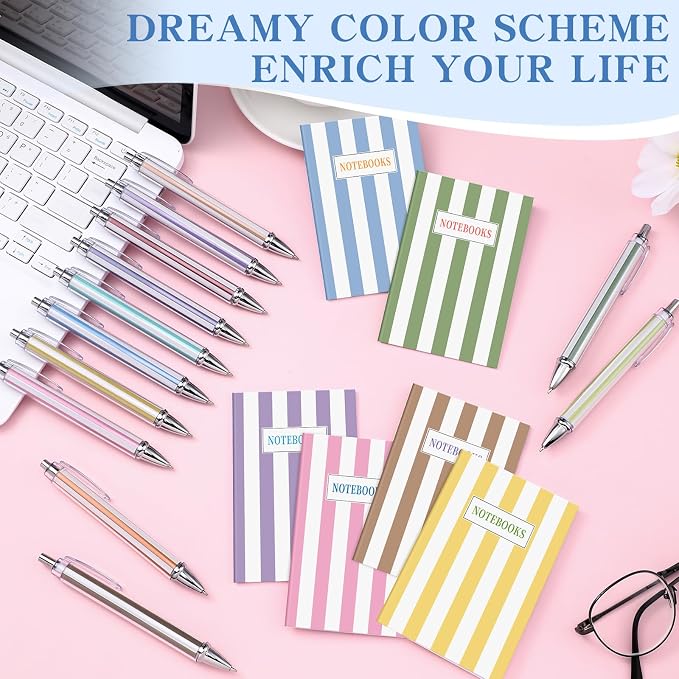 Motiskyy 24 Set Colorful Striped Mini Notebooks and Pens Bulk Small Lined Notepads for Back to School Students Teachers Employee Classroom Prize Office Supplies