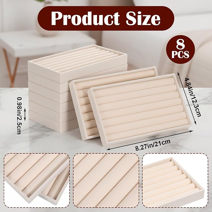 8 Pcs Velvet 7 Slots Ring Earrings Trays Showcase Display Jewelry Organizer Ring Holder Display Tray for Selling Rings Earrings Show (Beige)