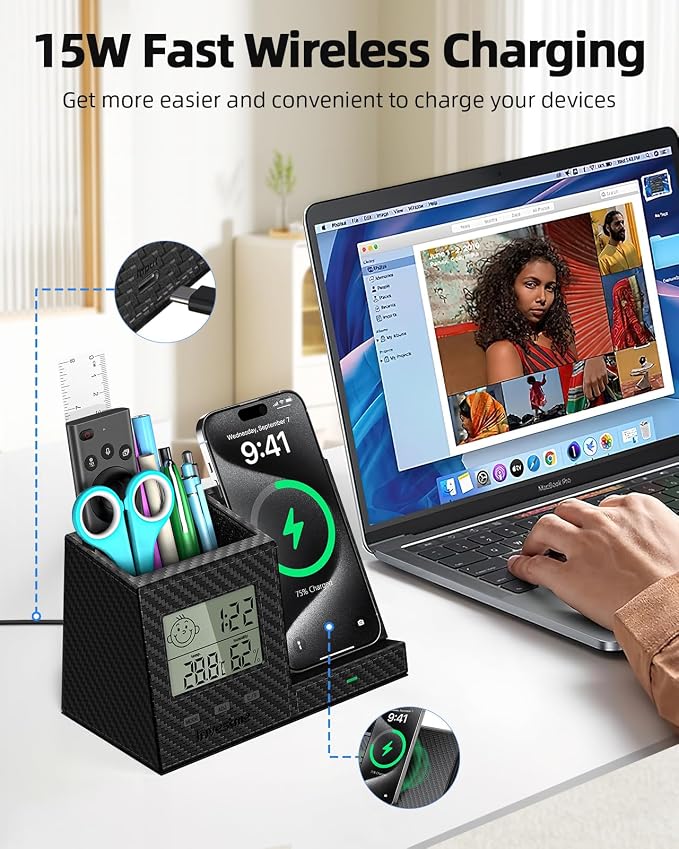 Pen Holder for Desk, Desk Organizer with Wireless Charger, Built in Digital Indoor Thermometer and Humidity Monitor, Multi-Functional Pencil Organizer for Home Office, Black Carbon Fiber