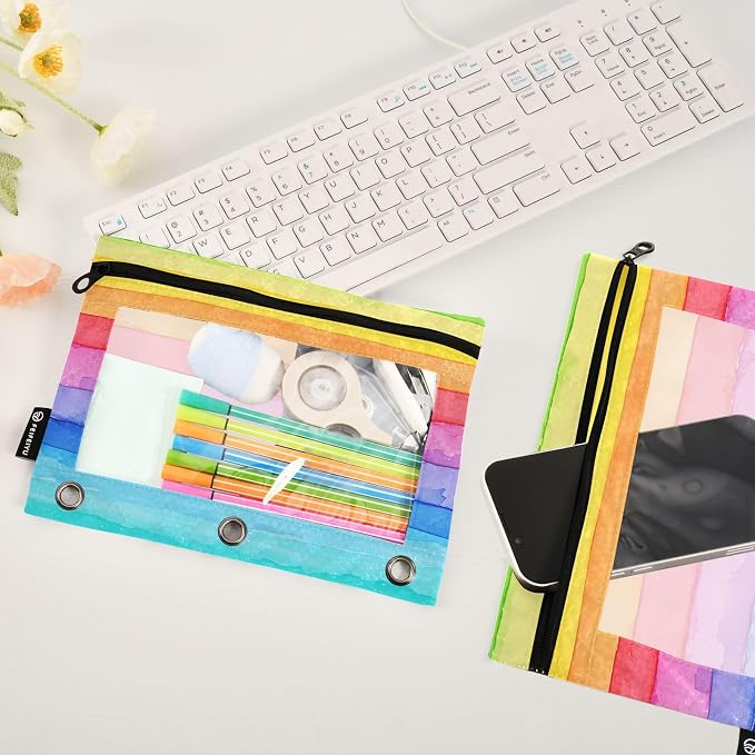 Gredecor 3 Ring Binder Pencil Pouch, Bright Striped Watercolor Zippered Pen Case Pouches with Clear Window, 2 Pack Stylish Office & School Supplie