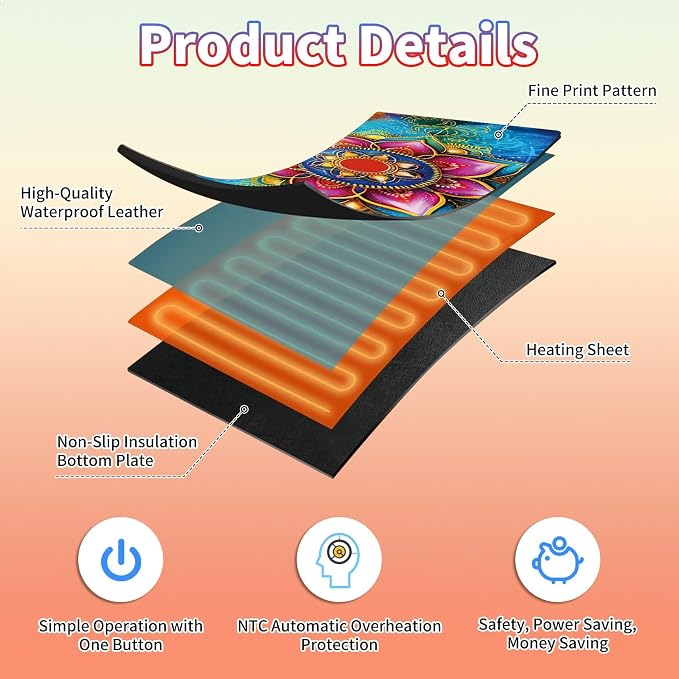 Heated Desk Pad Large Mouse Pad 31.5 x 13 inch with 3 Levels Heating & Auto Shut-Off Warm Mouse pad PU Leather Computer Mousepad for Home Office Work - Colorful Lotus Flowers