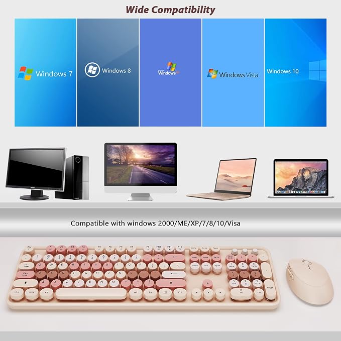 KOOTOP Wireless Keyboard and Mouse, Cute Keyboard and Mouse Combo with Retro Round Keycap, 2.4G Connectivity for PC, Mac, Laptop, Computer Windows (Milk Tea)