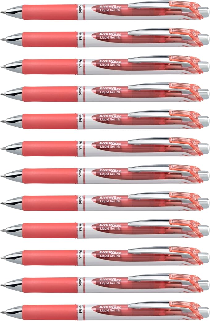 Pentel EnerGel RTX Retractable Liquid Gel Ink Pen, (0.7mm) Medium line, Coral Pink Ink, Box of 12 Pens (BL77-P3)