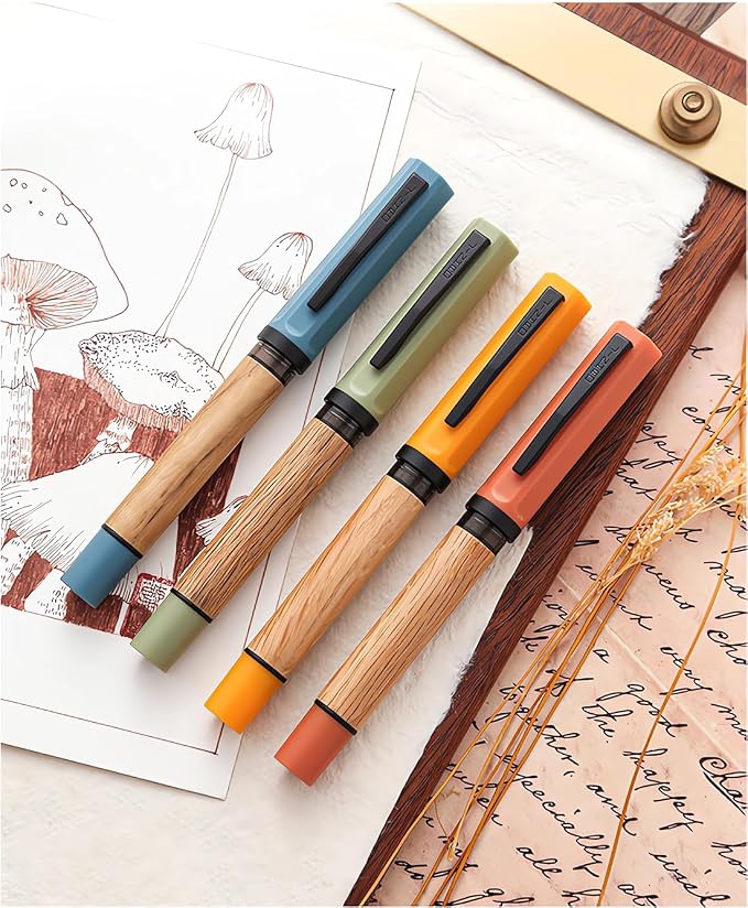 Jinhao 58 Natural Oak Wood Fountain Pen, Fine Nib Writing Pen (Orange) | Handcrafted natural oak wood pen with converter. Elegant executive gift for journaling, sketching & calligraphy.