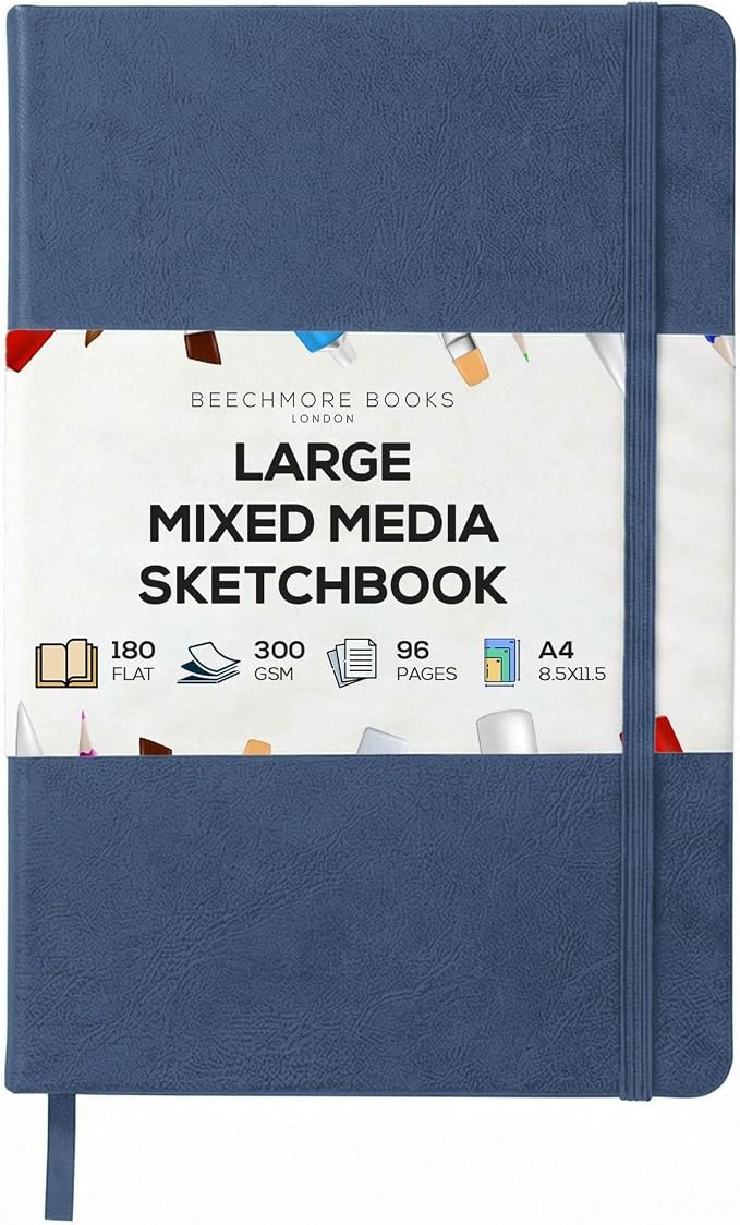 Beechmore Books Heavyweight Mixed Media Sketchbook - A4 8.5x11 300 GSM 48 Pages, Hardcover Lay-Flat Professional Journal for Painting, Acrylics and Wet Media