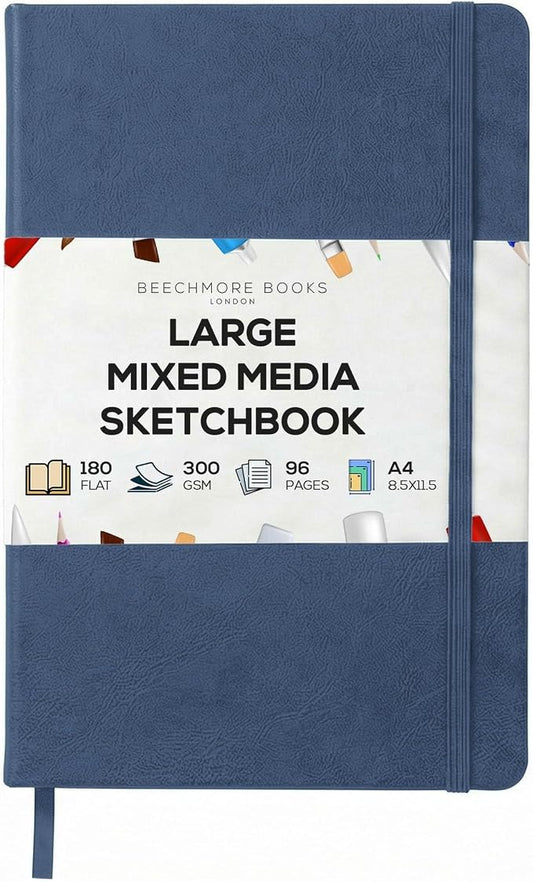 Beechmore Books Heavyweight Mixed Media Sketchbook - A4 8.5x11 300 GSM 48 Pages, Hardcover Lay-Flat Professional Journal for Painting, Acrylics and Wet Media