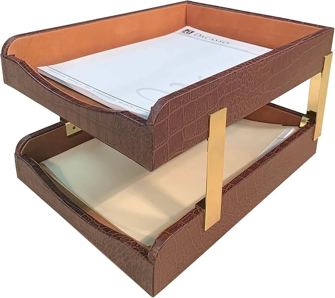 Dacasso Crocodile Embossed Leather Desk Set - Luxury Leather Desk Pad & Desk Organization Essentials - Office Organization & Executive Desk Decor - (Brown, 10 Piece)
