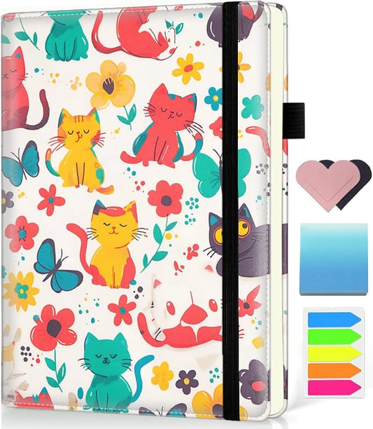 Hardcover Executive Notebooks, A5 PU Leather Lined Journal Notebook, 200 Pages Thick Paper Subject Notebooks for School,Work,Home Writing Business Notebook, Diary Book ，Cute Kitten Pattern
