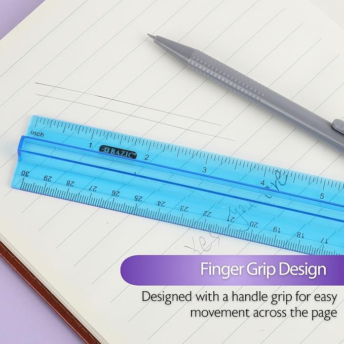 BAZIC Products 12 in Plastic Ruler with Handle Grip, Inch & Metric, 6-Set | 12 in (30 cm), clear inch and centimeter marks for measuring and drawing