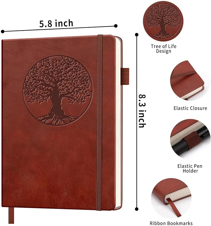 Lined Journal Notebook, A5 Leather Vintage Journals for Writing, 288 Pages College Ruled Notepad for Women Men, Vegan Leather Daily Notebook for Work, School, Travel, Note Taking(Tree of Life, Brown)