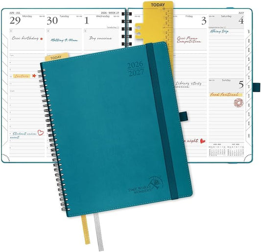 POPRUN Planner 2026-2027 (Large - 8.5'' x 10.5'') Academic Weekly Planner | Calendar(July 26-June 27) Appointment Book with Hourly Time Slots, Monthly Tabs, 100GSM, Spiral Leather Cover - Pacific Green