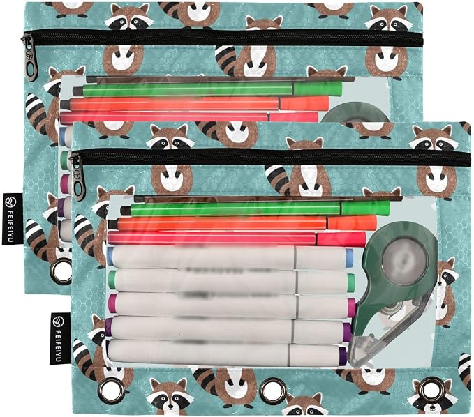 Emelivor Raccoon Teal Pencil Pouch for 3 Ring Binder 2 Pack Binder Pencil Case with Clear Window Pencils Bags with Zipper for Storing College Office Supplies