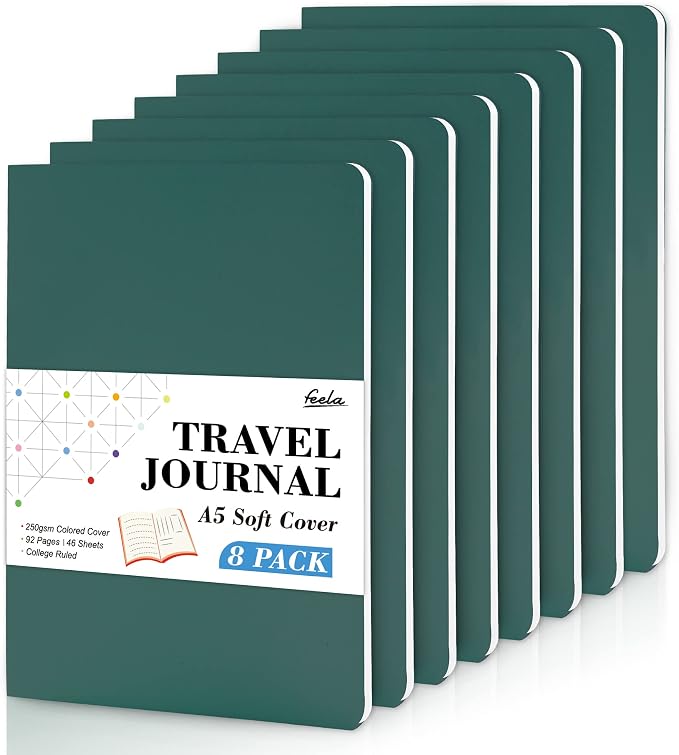 8 Pack Soft Cover Journal Bulk, Feela Notebooks College Ruled for Work, Lined Travel Journal for Women Men, Note Taking Notebook School Supplies Business Writing, 8.2” x 5.5”, A5, Dark Green