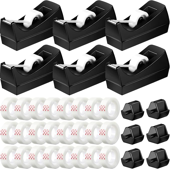 Yahenda 6 Pack Desktop Tape Dispenser Non Skid Base with Transparent Invisible Tape and Replacement Cores for Wrapping Home Office Supplies