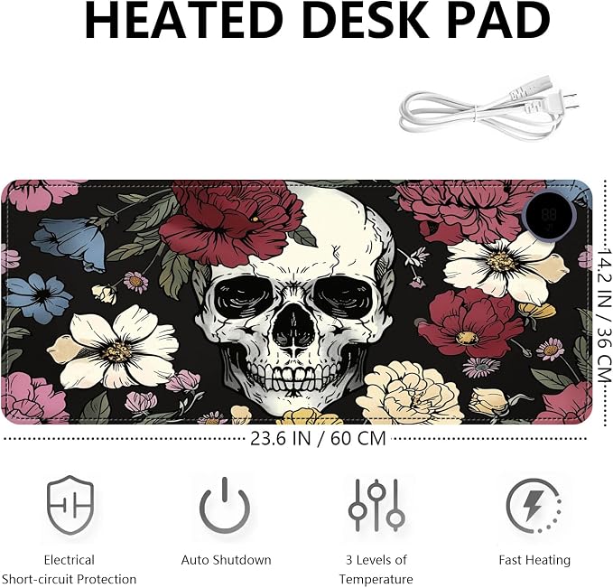 Heated Mouse Pad with 3 Levels Heated & 3 Hours Auto Shut-Off Mouse Pad for Warming Hands in Office Home, 23.6" x 14.2"Large Safe Desk Mat Hand Warmer，Sugar Flowers Skull Skeleton
