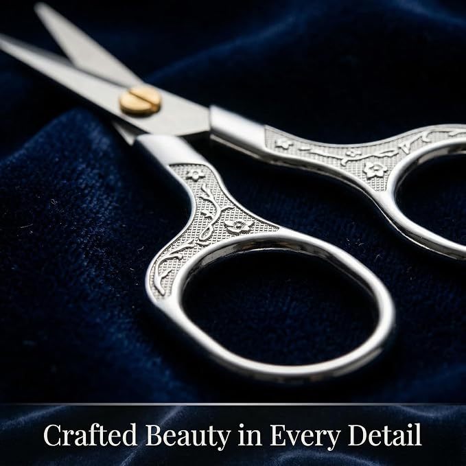 Silver Stainless Steel Scissors with Leather Cover, 5" Sharp Embroidery Scissors for Precise Cutting, Ultra-Sharp Vintage Needlepoint Snips for Yarn, Fabric & Crafts, Professional Metal Crafting Tool