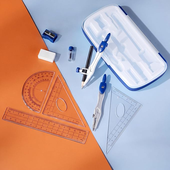 Zonon Math Geometry Set for Students 10 Pcs Compass Geometry Tools Kit Includes Protractor Compass Lead Refills Rulers Pencil Sharpener Eraser Pencil Storage Box for Drafting and Drawings(Dark Blue)