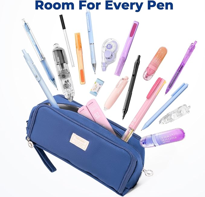 Four Candies Blue Pencil Case 3 Compartment Pouch, Large Pencil Case for School, Girls, Teen Boys, Women, Dark Blue, Removable Handle & Zipper, Cute Pencil Bag for Office, College