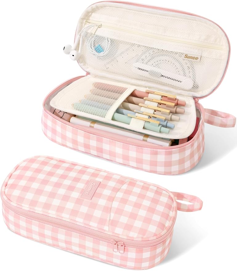 SUNEE Cute Pencil Case, Large Colored Pencil Pouch, Aesthetic Pen Bag with Zipper, Kawaii Stationery Storage and Organizer, School Supplies for Teen and Adult, Boys & Girls, Pink Checkered