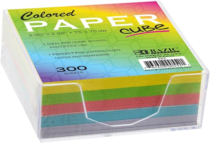 BAZIC Products Color Paper Cube with Tray, 300 Sheets, 2.95 in, 36-Case | 300-sheet color paper cube, 2.95 x 2.95 in (75 x 75 mm), clear holder tray for quick notes and reminders