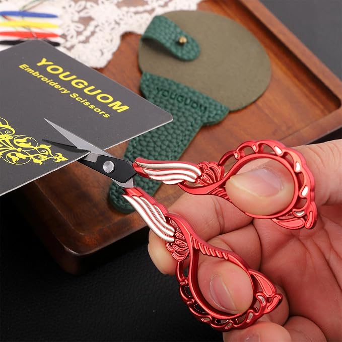 YOUGUOM Small Sewing Scissors, Sharp Detail Shears with Cover | Vintage Little Precision DIY Tool Kit for Crafting, Embroidery, Needlework, Cross Stitch, Thread, Paper Cutting, Red