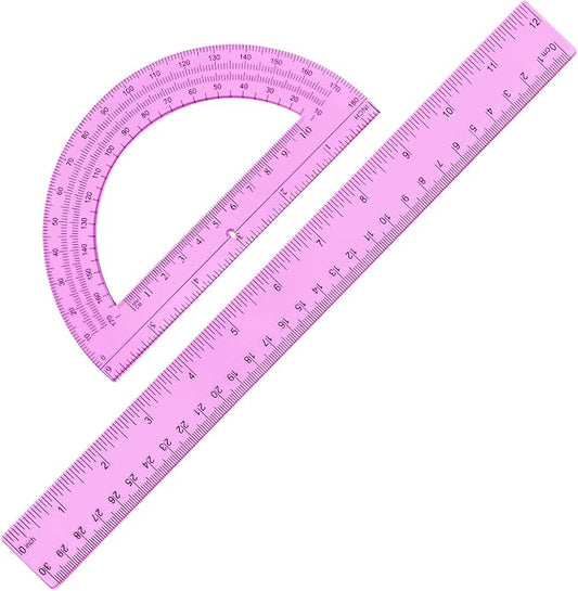 Zonon 2 Pcs 12 Inch Clear Ruler and 6 Inch Plastic Protractor Set, Dual Scale Inch/Cm Math Geometry Measuring Tools for Back to School Students Teachers Classroom Office Drafting Use(Pink)