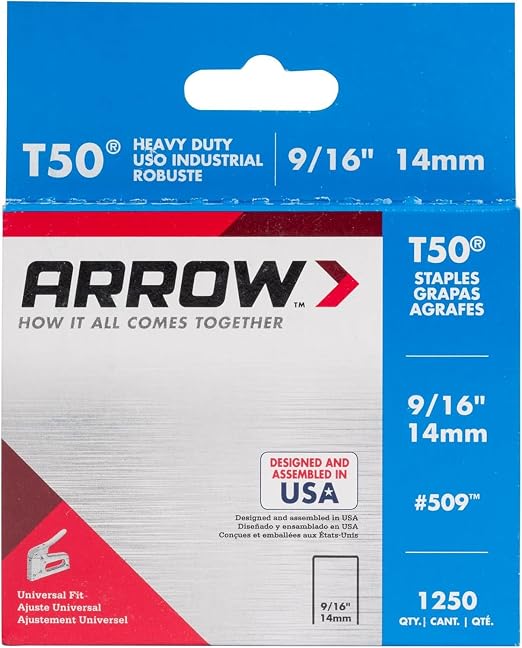 Arrow T50 9/16" Staples, 1250 Count | Heavy Duty, For Upholstery, Construction, Furniture, Crafts, Fit Arrow T50 Staple Guns, Hammer Tackers and Pneumatic Tools