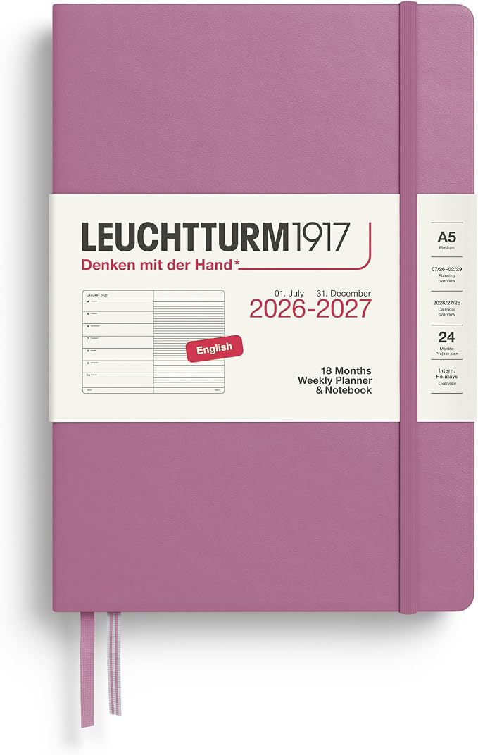 LEUCHTTURM1917 - Weekly Planner and Notebook Hardcover Medium A5, 18-month, July 2026 - December 2027, English, Dusty Rose