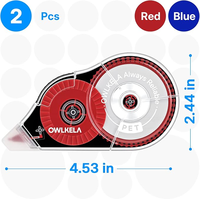 OWLKELA 2 Pack Plus Correction Tape, Tear-Resistant White Correction Tape, No Dry Time, Easy to Use, Office & School Supplies, 0.2 in Wide, 98.4 Ft, Red Core, Blue Core