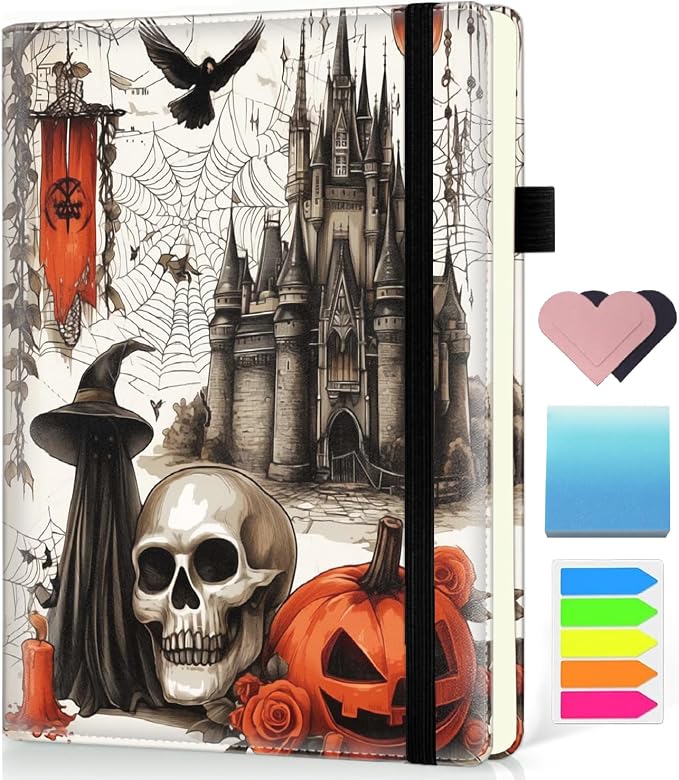 Hardcover Executive Notebooks, A5 PU Leather Lined Journal Notebook, 200 Pages Thick Paper Subject Notebooks for School,Work,Home Writing Business Notebook, Diary Book ，Halloween Castle