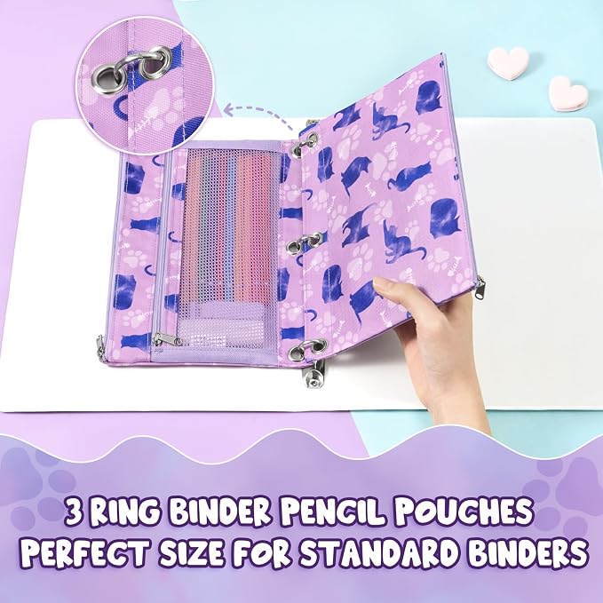 WAWSAM Cat Pencil Pouch for 3 Ring Binder, Zipper Pencil Pouches for Girls | 2 Pocket Clear Window Pencil Case, 3 Ring Pencil Pouch for School Supplies, Pencil Bags for Office College